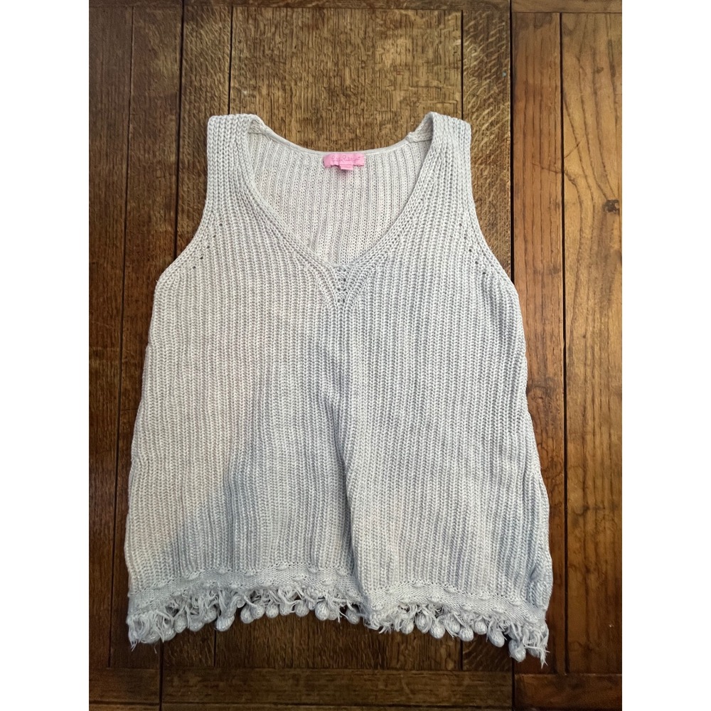 Lilly Pulitzer Jaya Sleeveless V-Neck sweater vest tank Pom-pom cotton S silver